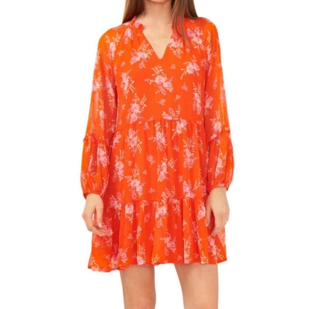Vince Camuto Dress Sheer Long Sleeve V-Neck babydoll Dress Ruffle Hem‎ Size M